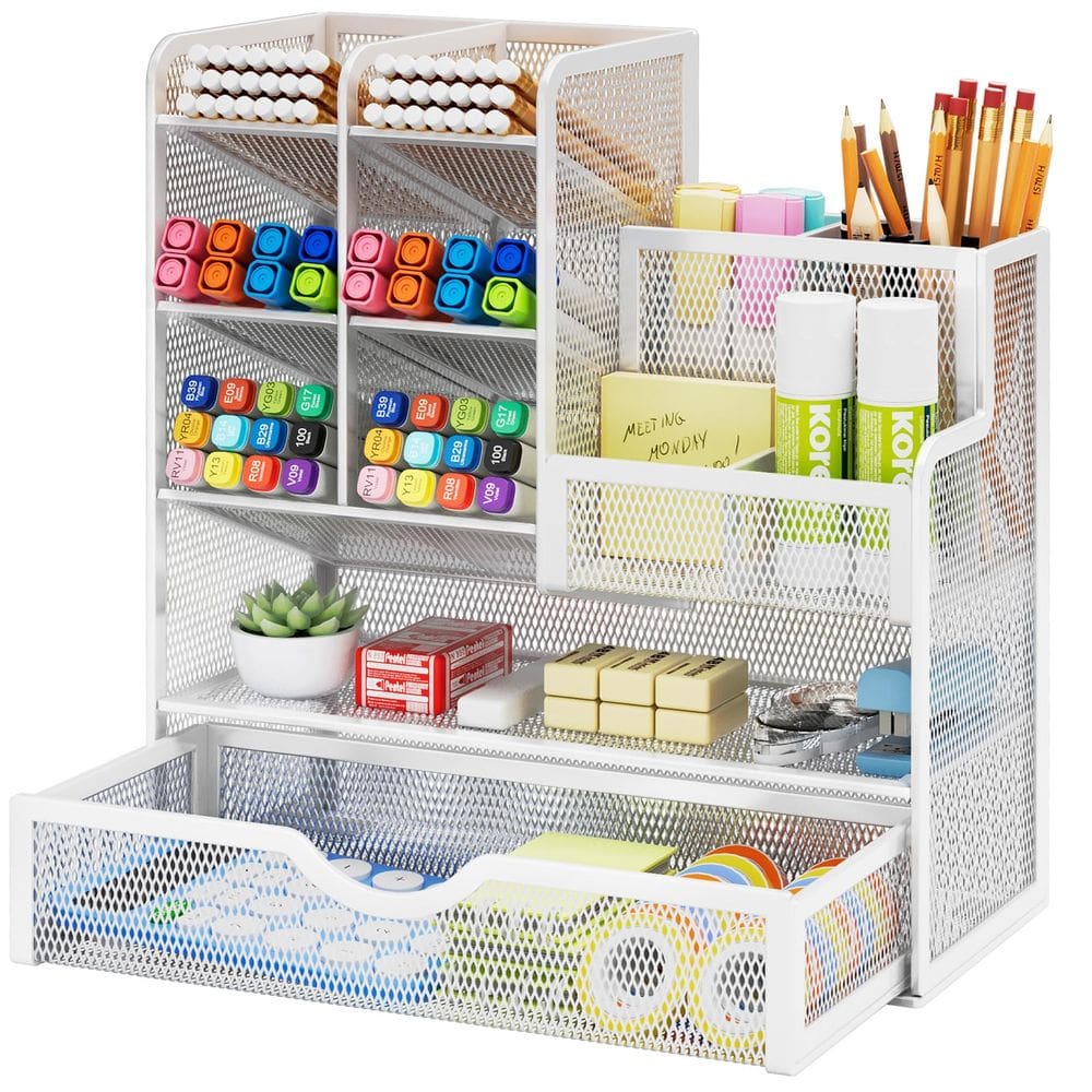 Organizador de mesa Marbrasse Mesh Porta-canetas com gaveta branca