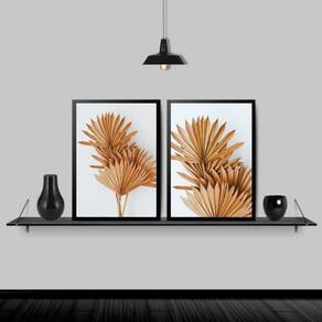 Kit 2 Quadros Neutros Folhas Leque 24X18Cm - Madeira Preta