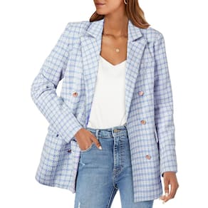 Blazer Happy Sailed Classic Xadrez Tweed para mulheres azul claro L