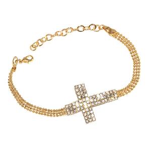 Pulseira Delicada Religiosa Crucifixo Strass Folheado 18k