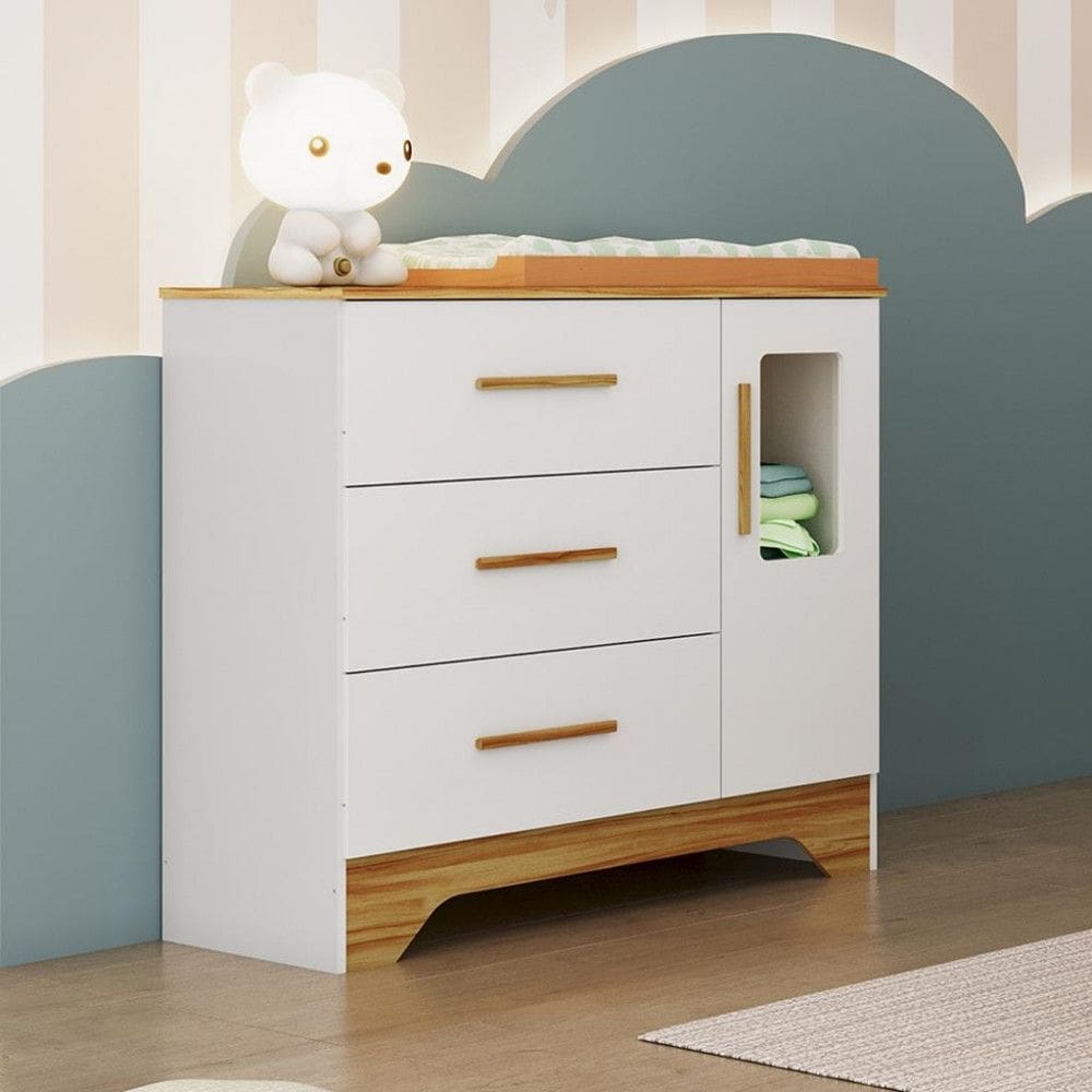Cômoda Infantil 3 Gavetas 1 Porta com Janela 100MDF Popy Retro Peroba