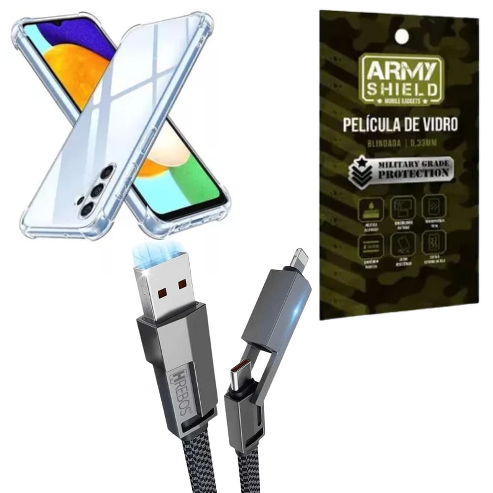 Capa Para Galaxy A06 + Cabo USB 4 em 1 + Pelicula de Vidro 3D - Armyshield