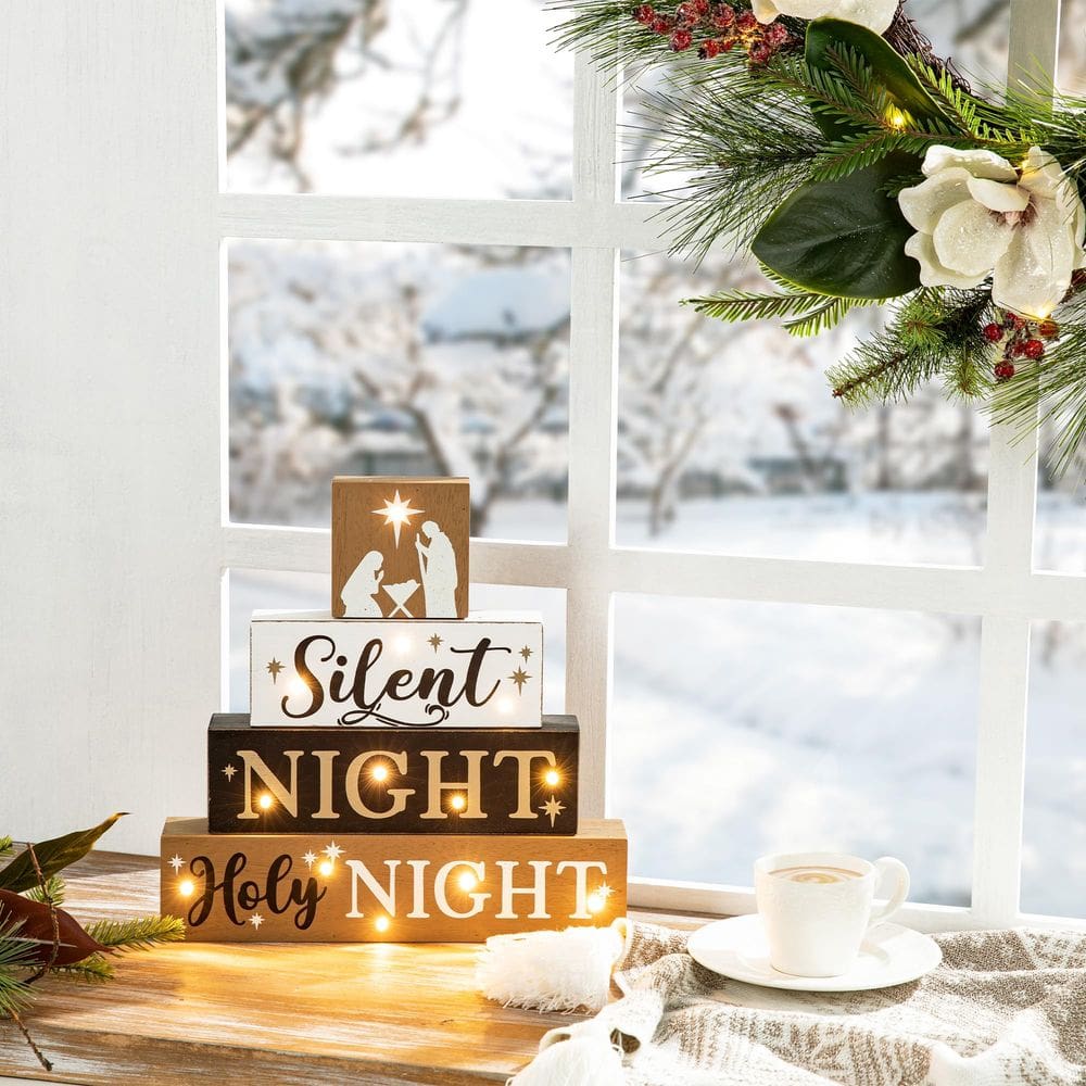 Decoração de mesa de Natal Glitzhome Wooden Signs Silent Night