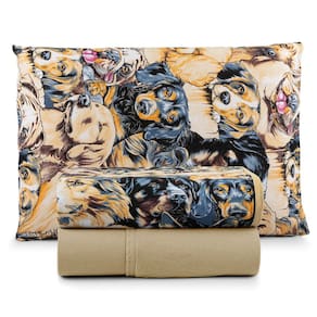 Jogo Cama Lençol Sonnet Solteiro Malha Estampada 100% Algodão 3 Peças - Cachorros Pet - Mostarda