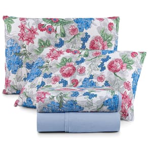 Jogo Cama Lençol Sonnet Casal Padrão Malha Estampada 100% Algodão 4 Peças - Floral - Azul Claro