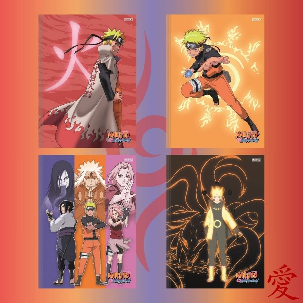 Kit 04 Caderno Brochurão Grande Costurado Anime Naruto 48 Folhas - Animativa