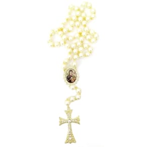 Terço Decoração Dourado Pérolas Grande Perpetuo Socorro