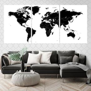 Quadros Mapa Mundi Preto Moldura Branca 24X18Cm 3 Peças