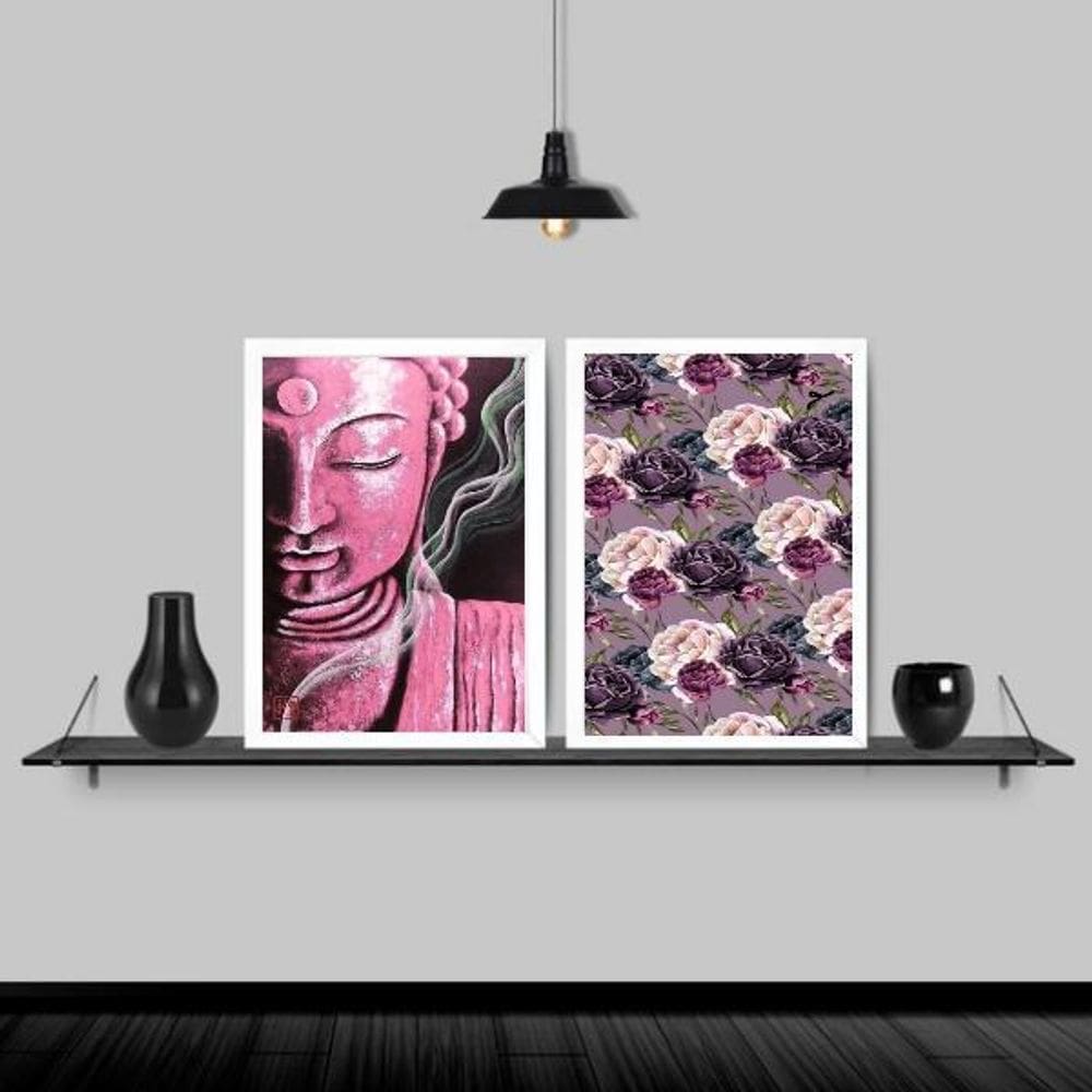 Kit 2 Quadros Buda Rosa Flores 24X18Cm Moldura Branca