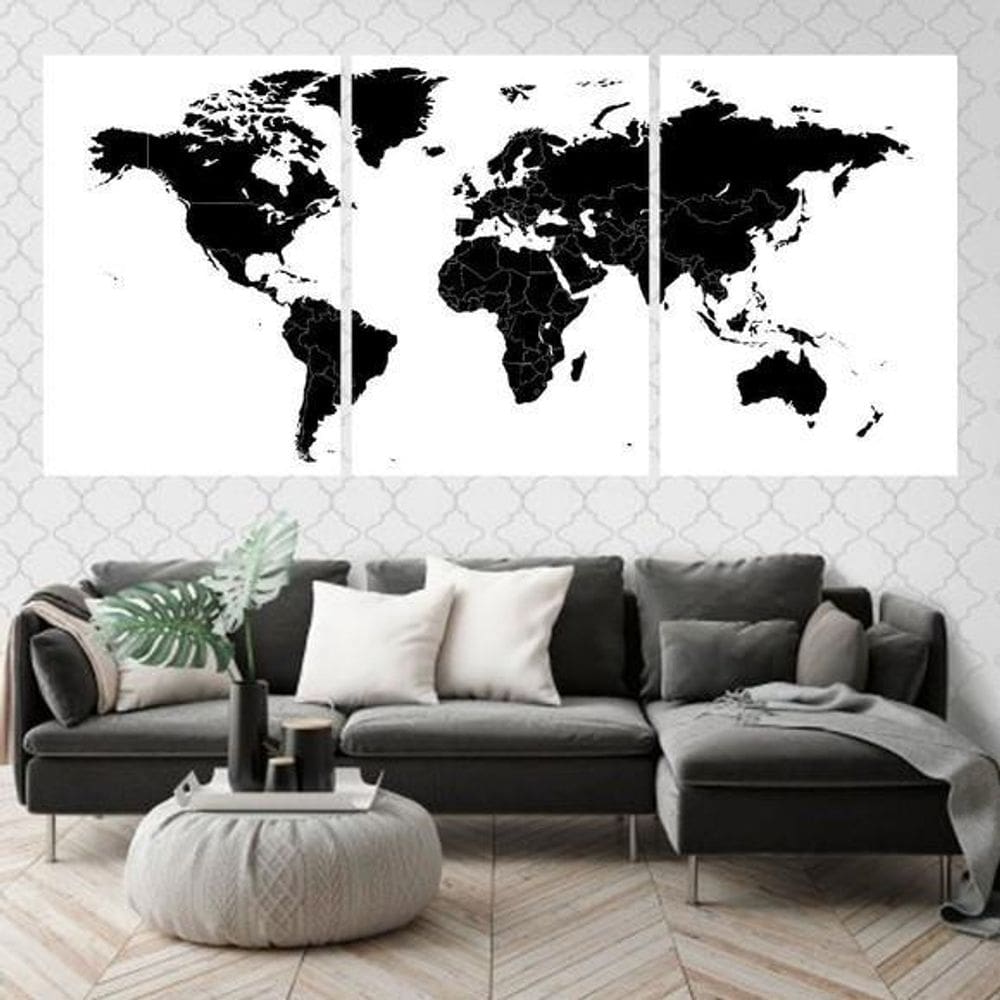 Quadros Mapa Mundi Preto Moldura Branca 24X18Cm 3 Peças