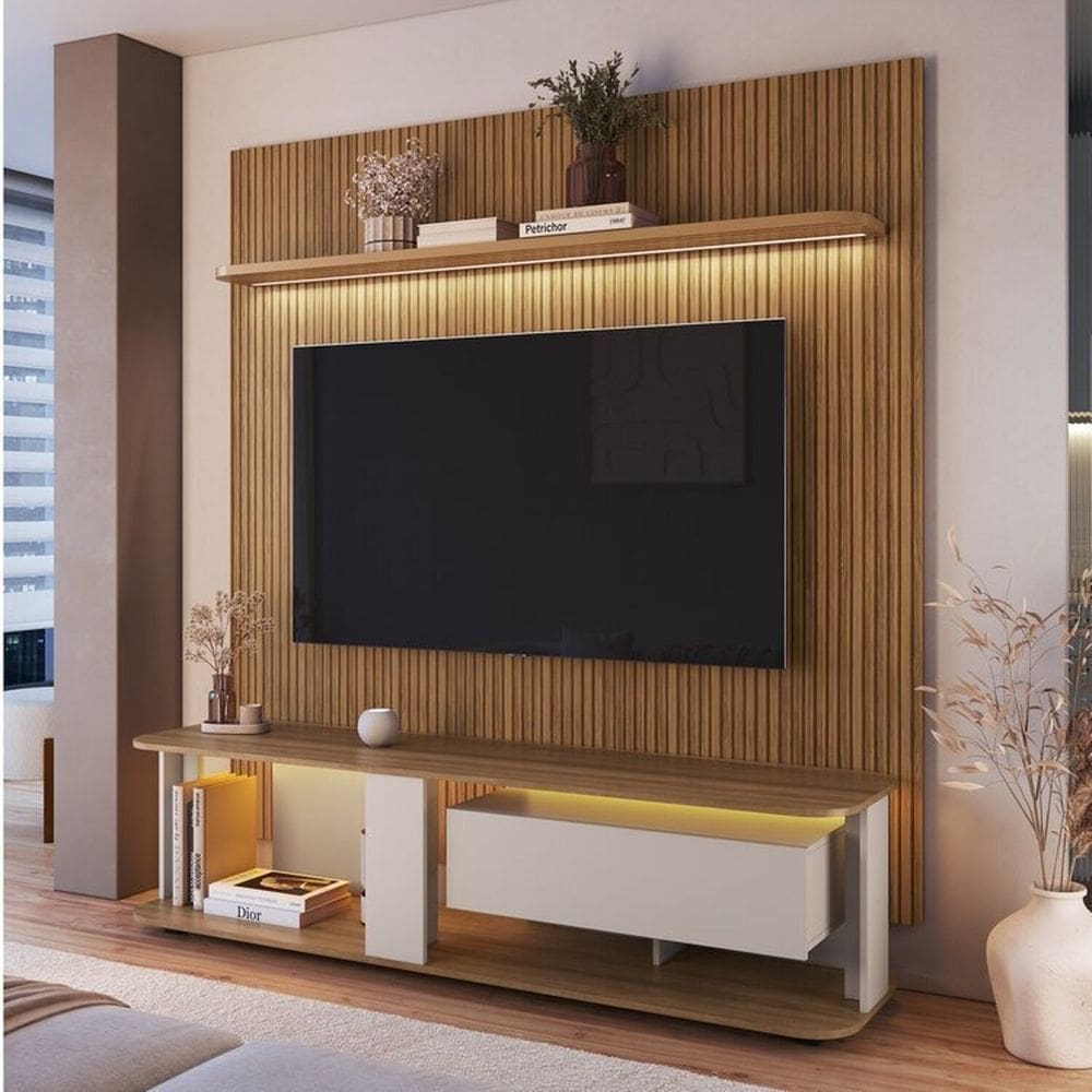 Rack com Painel para Tv até 75 Polegadas com Led Impressão Ripada 3d Pinho/Arenas/Mel