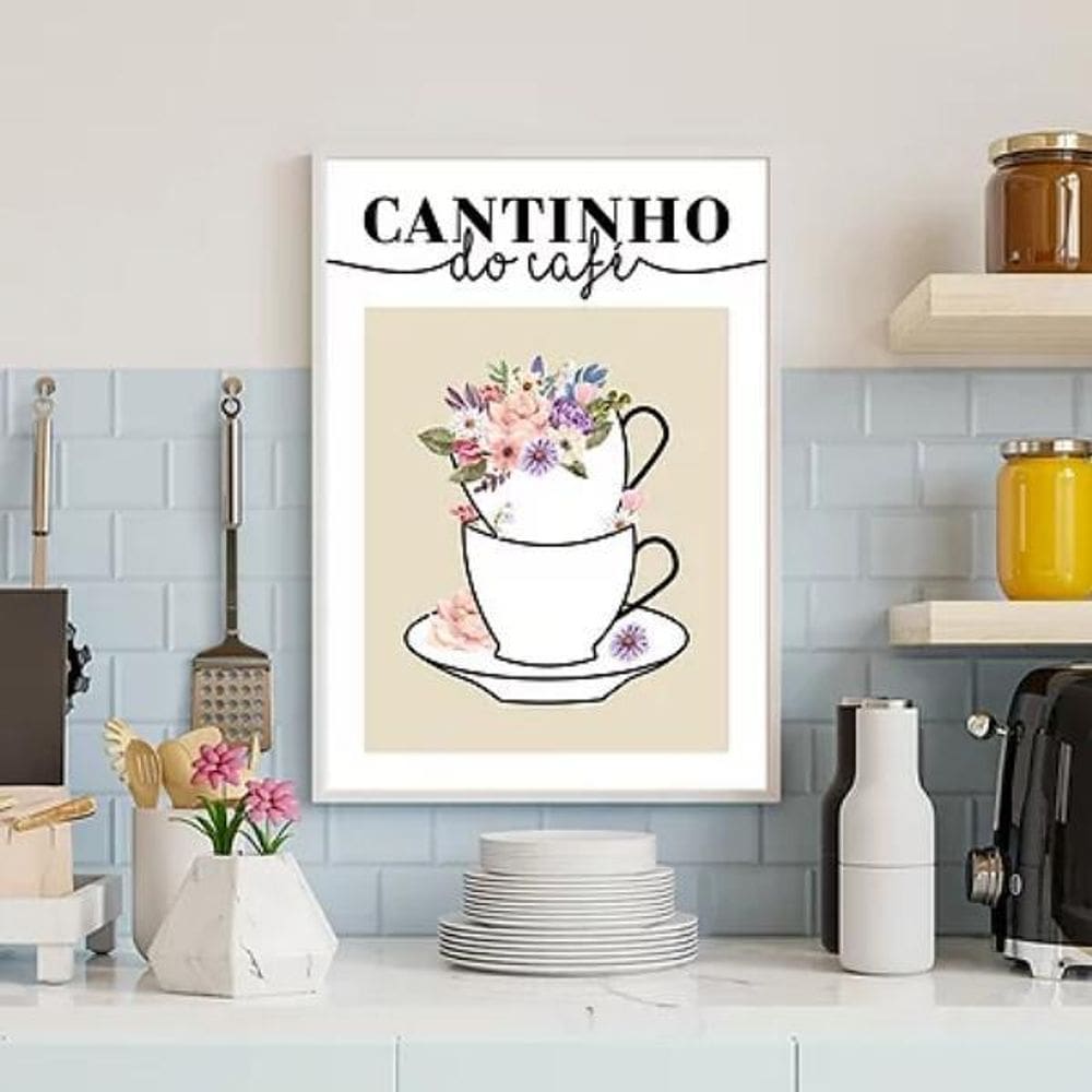 Quadro Cantinho Do Café Floral 33X24Cm - Madeira Branca