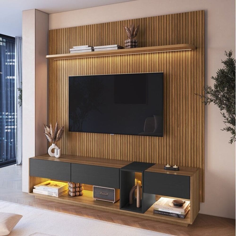 Rack com Painel até 75 Polegadas Liverpool Ra8001 com Led e Impressão Ripada 3d Pinho/ Mel/ Grafite