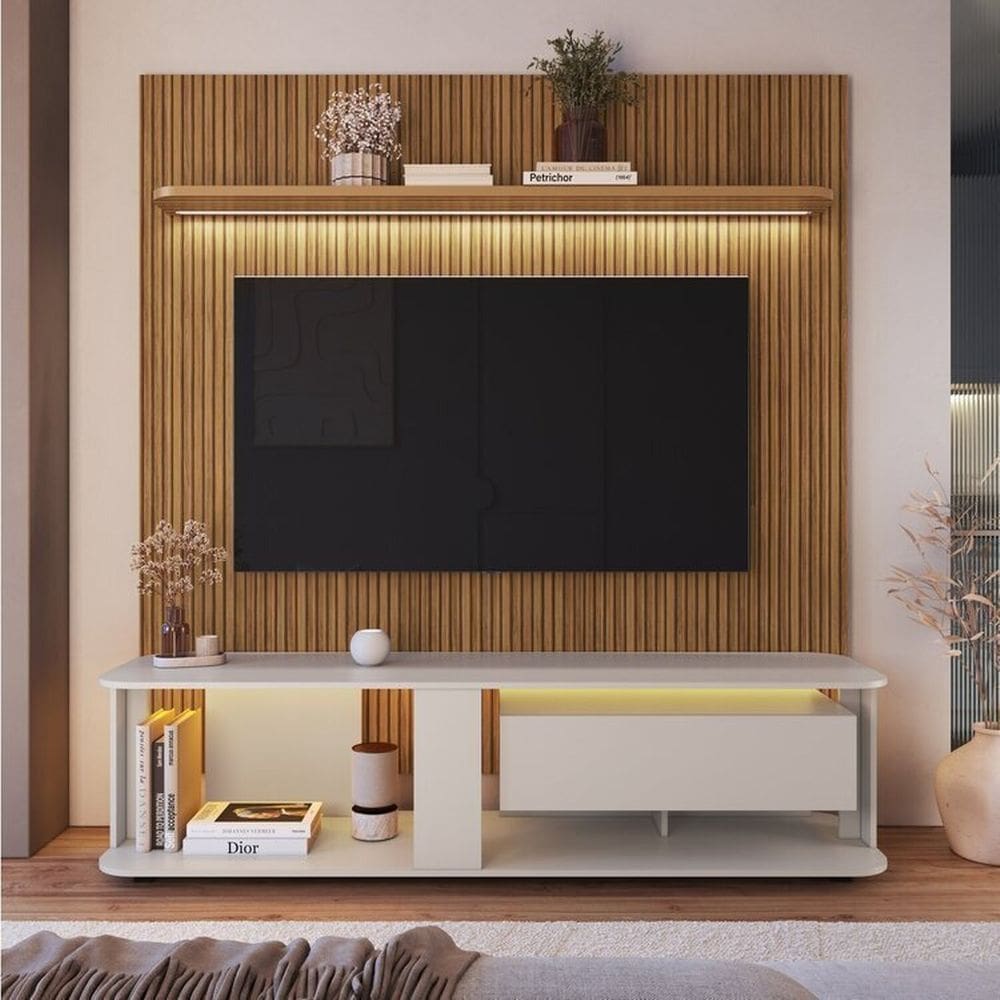 Rack com Painel para Tv até 75 Polegadas com Led Impressão Ripada 3d Pinho/Arenas