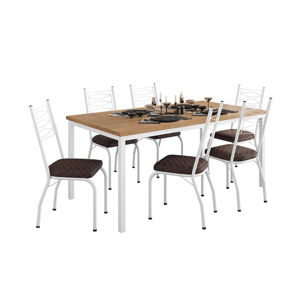 Conjunto de Mesa Retangular com Tampo de MDP Amadeirado e 6 Cadeiras Adriana Revestimento Sintético Cacau e Branco