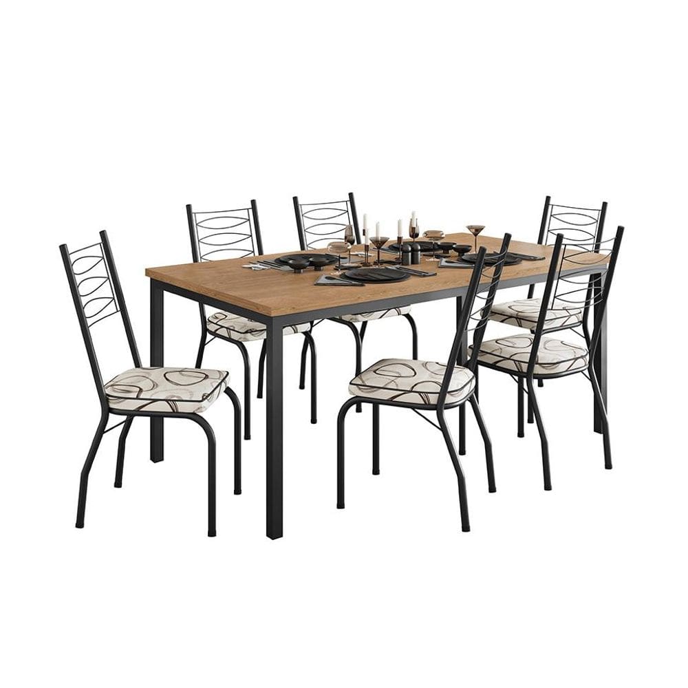 Conjunto de Mesa Retangular com Tampo de MDP Amadeirado e 6 Cadeiras Adriana Revestimento Sintético Cedro e Preto