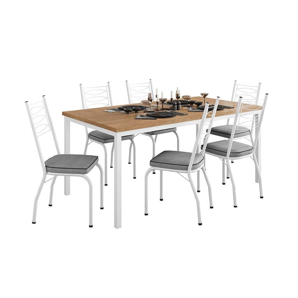 Conjunto de Mesa Retangular com Tampo de MDP Amadeirado e 6 Cadeiras Adriana Revestimento Sintético Platina e Branco