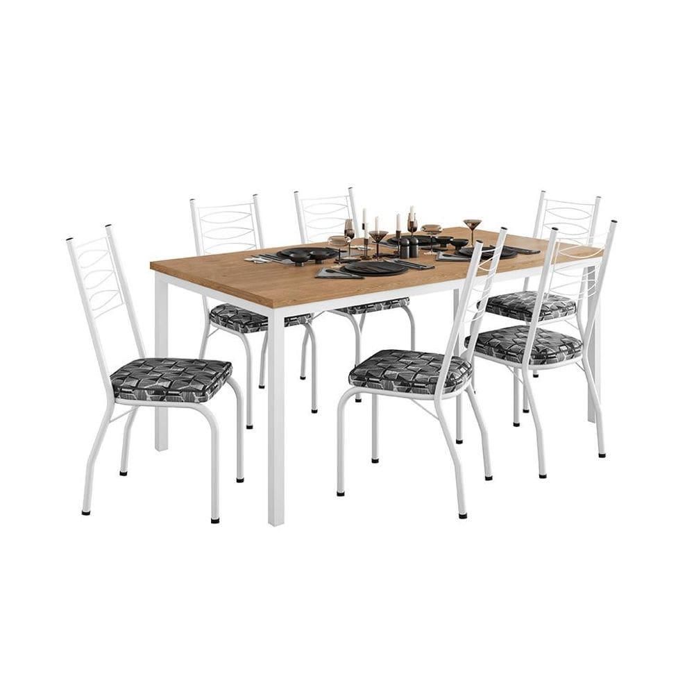 Conjunto de Mesa Retangular com Tampo de MDP Amadeirado e 6 Cadeiras Adriana Revestimento Sintético Silver e Branco