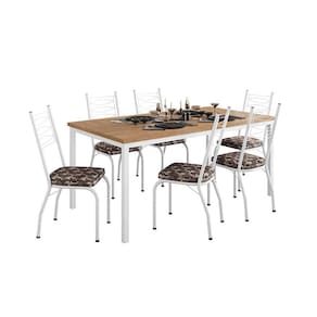 Conjunto de Mesa Retangular com Tampo de MDP Amadeirado e 6 Cadeiras Adriana Revestimento Sintético Palha e Branco