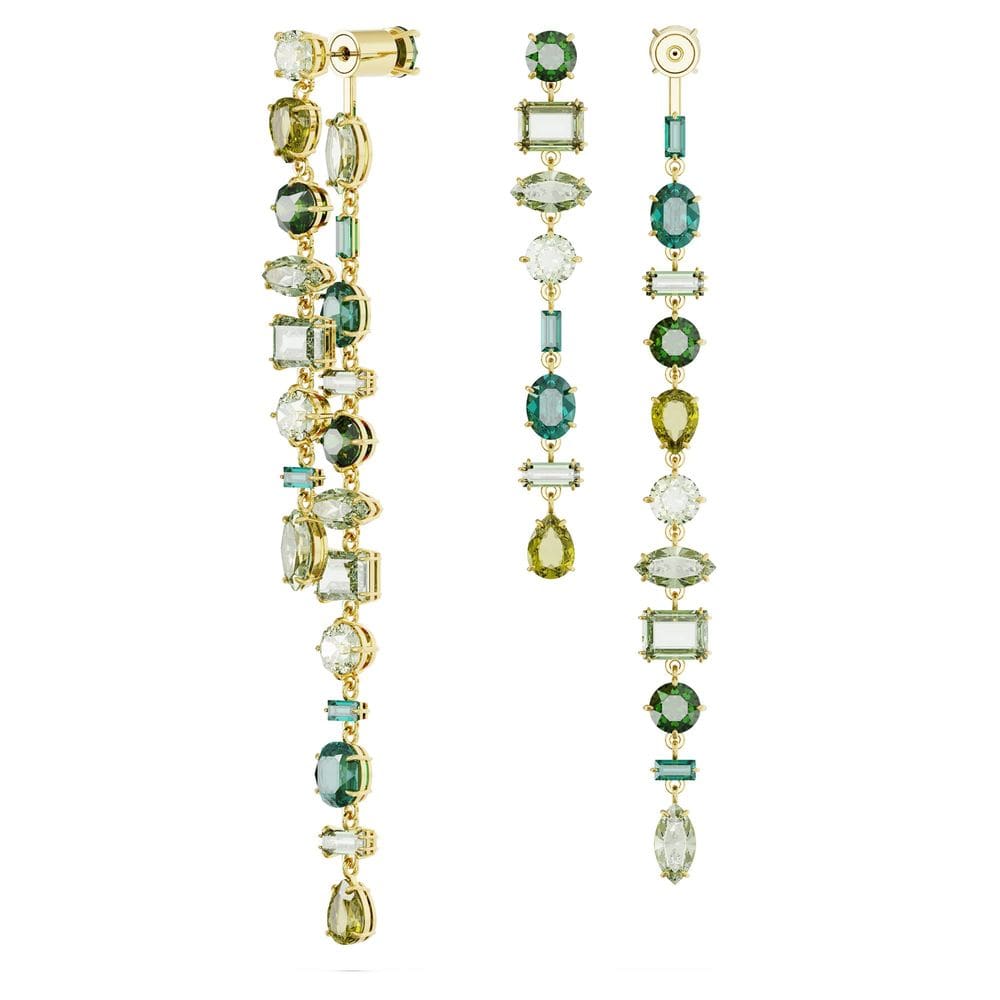 Brincos Swarovski Gema Drop assimétricos verdes dourados
