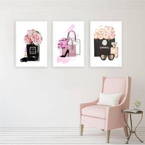 Kit 3 Quadros Bolsa, Sapato E Óculos 45X34 Com Vidro Branca