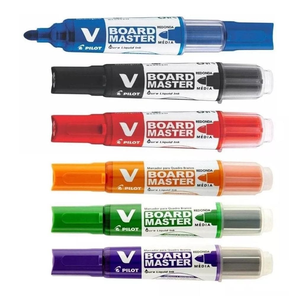Kit 06 Marcador Para Quadro Branco Ponta Média Recarregável V Board Master Pilot | Recarga em Cartucho
