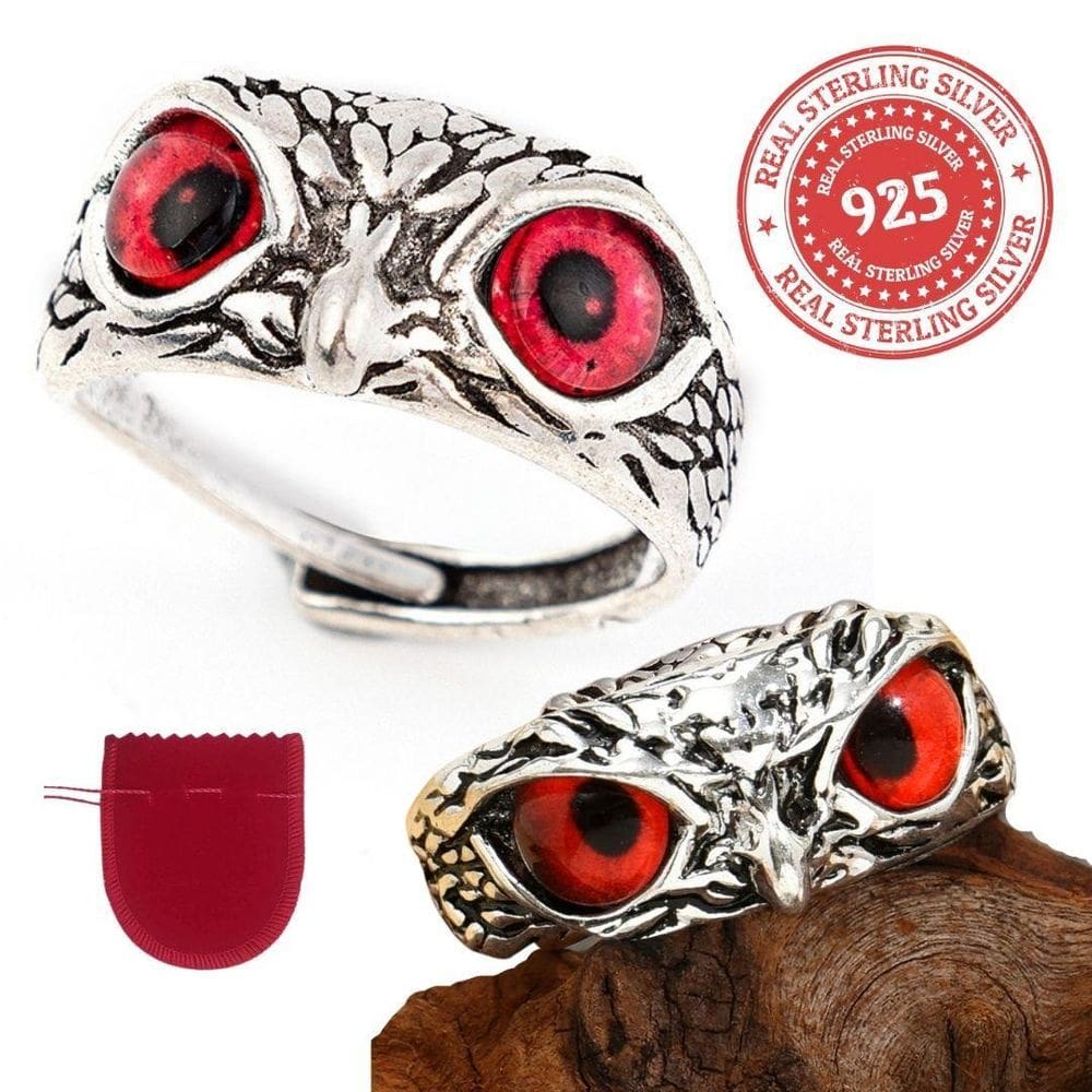 Anel Prata 925 Coruja Sabedoria Olho Vermelho Ajustável