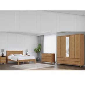Conjunto Quarto: Guarda-Roupa 5 Portas Cama Queen Cômoda 2 Mesas Cabeceiras Prata Freijó Madeira Pinus - Finestra