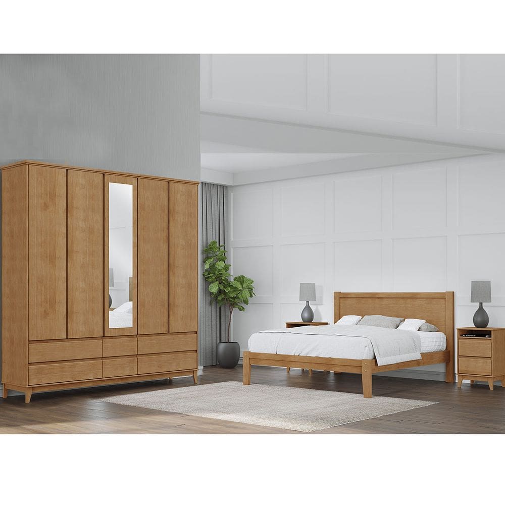 Conjunto Quarto: Guarda-Roupa 5 Portas, Cama Casal, 2 Mesas Cabeceiras Prata Freijó Madeira Pinus - Finestra
