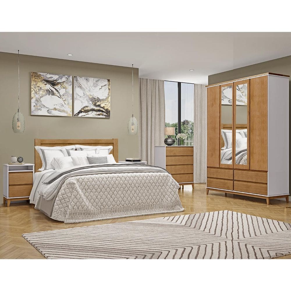 Conjunto Quarto: Guarda-Roupa 4 Portas Cama Queen Cômoda 2 Mesas Cabeceiras Prata Off White/Freijó Madeira Pinus - Finestra