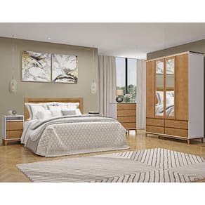 Conjunto Quarto: Guarda-Roupa 4 Portas Cama Queen Cômoda 2 Mesas Cabeceiras Prata Off White/Freijó Madeira Pinus - Finestra