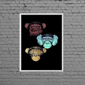 Quadro Três Macacos Sábios 24X18Cm Madeira Branca