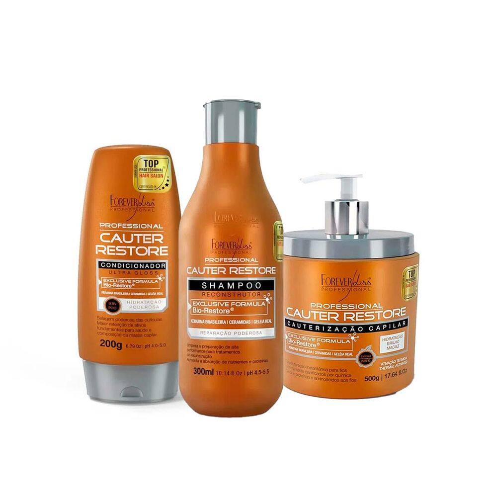 Kit Cauterização Shampoo Condicionador Máscara Forever Liss