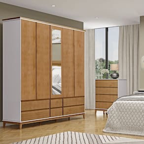 Conjunto Quarto: Guarda-Roupa 5 Portas 6 Gavetas Cômoda 4 Gavetas Prata Off White/Freijó Madeira Pinus - Finestra