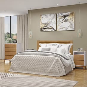 Conjunto Quarto: Cama Casal Cômoda 4 Gavetas 2 Mesas Cabeceiras Prata Off White/Freijó Madeira Pinus - Finestra