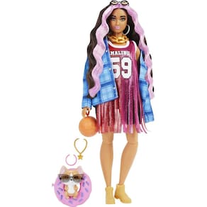 Boneca Barbie Extra com cabelo ondulado com listras rosadas e Pet Corgi