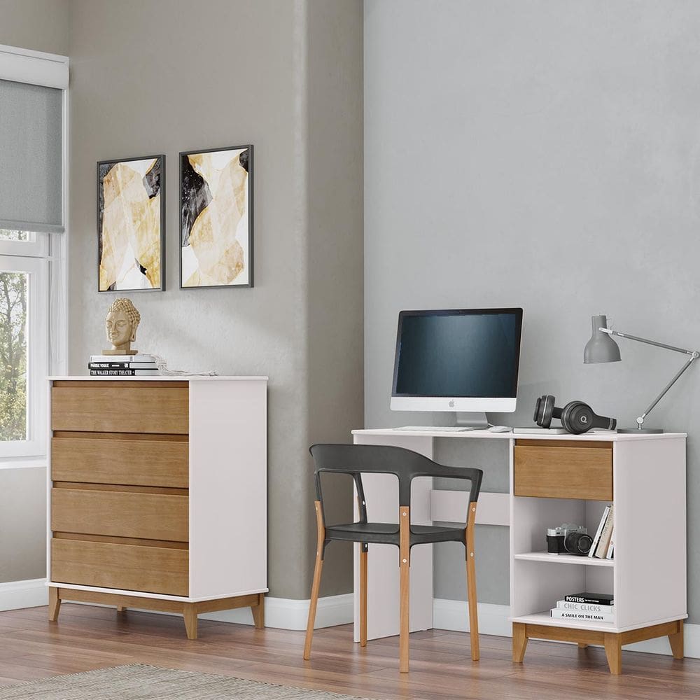 Conjunto Quarto: Cômoda 4 Gavetas, Escrivaninha 1 Gaveta Prata Off White/Freijó Madeira Pinus - Finestra