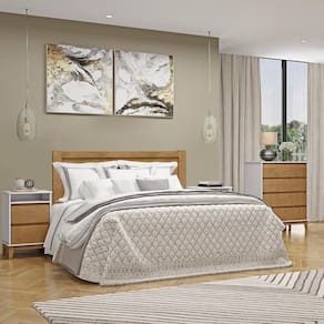 Conjunto Quarto: Cama Casal Queen Cômoda 4 Gavetas 2 Mesas Cabeceiras Prata Off White/Freijó Madeira Pinus - Finestra