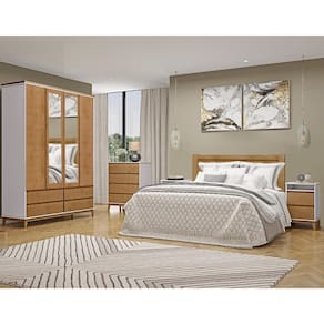 Conjunto Quarto: Guarda-Roupa 4 Portas Cama Casal Cômoda 2 Mesas Cabeceiras Prata Off White/Freijó Madeira Pinus - Finestra