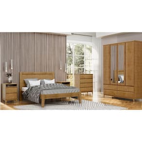 Conjunto Quarto: Guarda-Roupa 4 Portas Cama Queen Cômoda 2 Mesas Cabeceiras Prata Freijó Madeira Pinus - Finestra