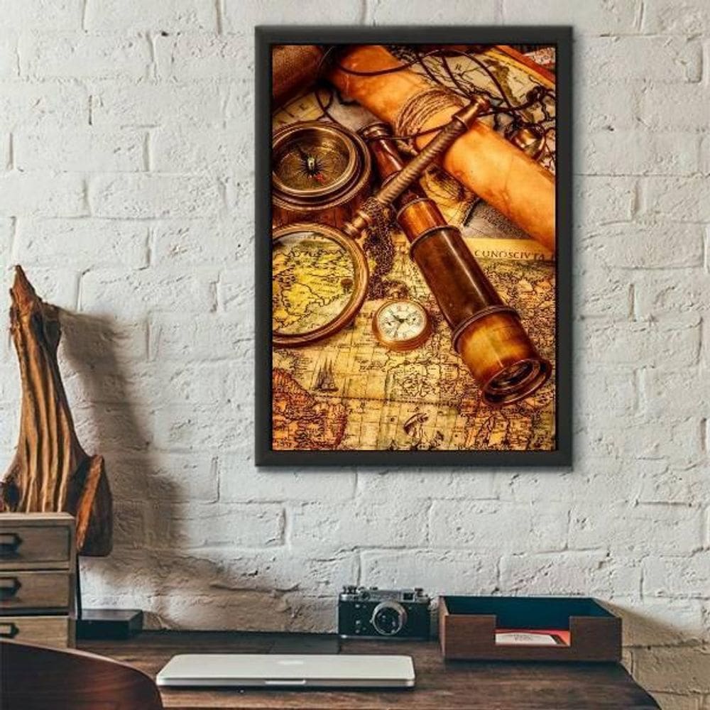 Quadro Cartografia c/ Lupa e Luneta 24x18cm - Madeira Preta
