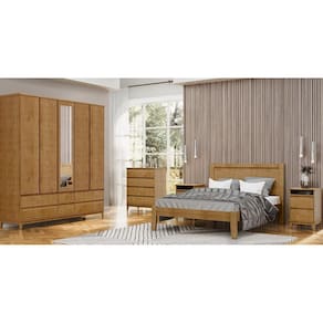 Conjunto Quarto: Guarda-Roupa 5 Portas Cama Casal Cômoda 2 Mesas Cabeceiras Prata Freijó Madeira Pinus - Finestra