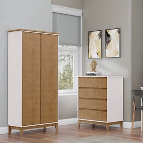 Conjunto Quarto: Guarda-Roupa 2 Portas Cômoda 4 Gavetas Prata Off White/Freijó Madeira Pinus - Finestra