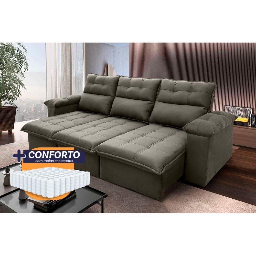 Sofá Retrátil Reclinável Verona 2,30m Suede Velut Tabaco Molas Ensacadas - King House