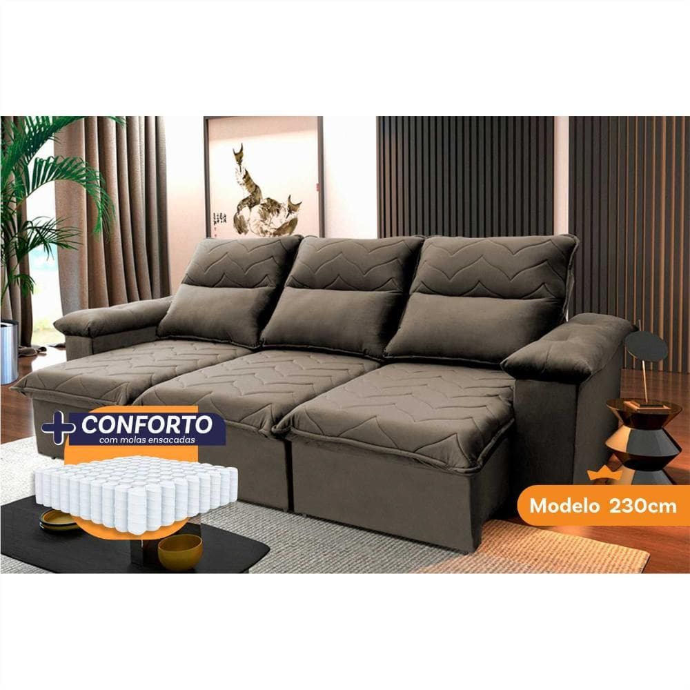 Sofá Retrátil Reclinável Paris 2,30m Suede Velut Tabaco Molas Ensacadas - King House
