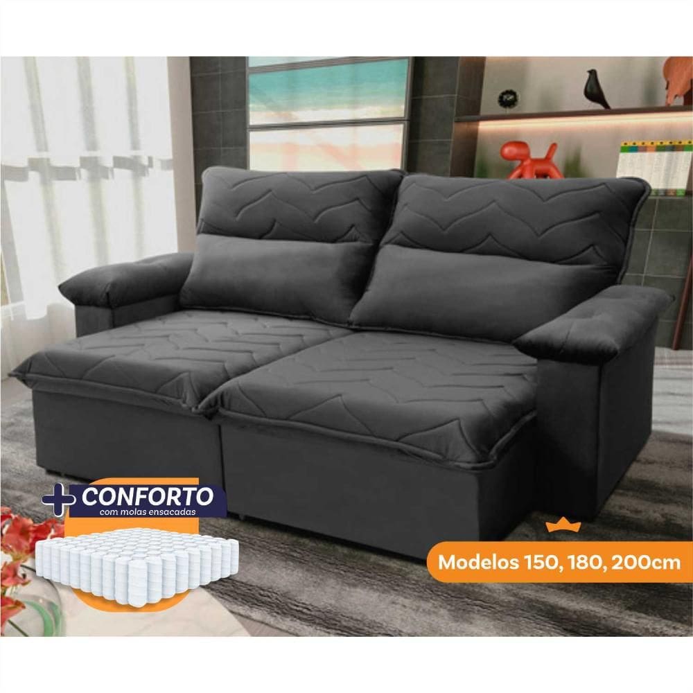 Sofá Retrátil Reclinável Paris 2,00m Suede Velut Cinza Molas Ensacadas - King House