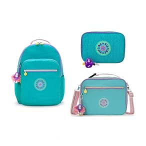 Mochila + Estojo + Lancheira Kipling Rainbow Verde Água Kit