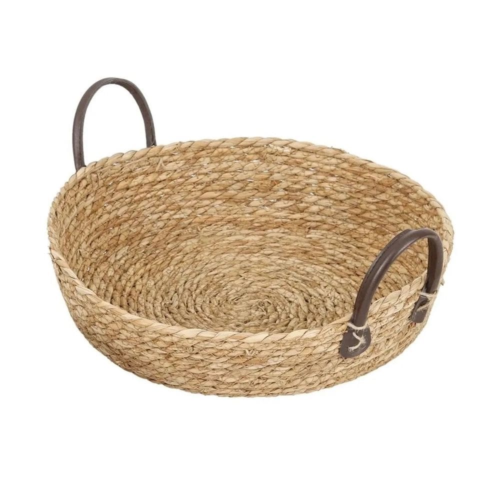 Bandeja Natural Seagrass Redonda com Alça de Couro - G 35x35x8cm