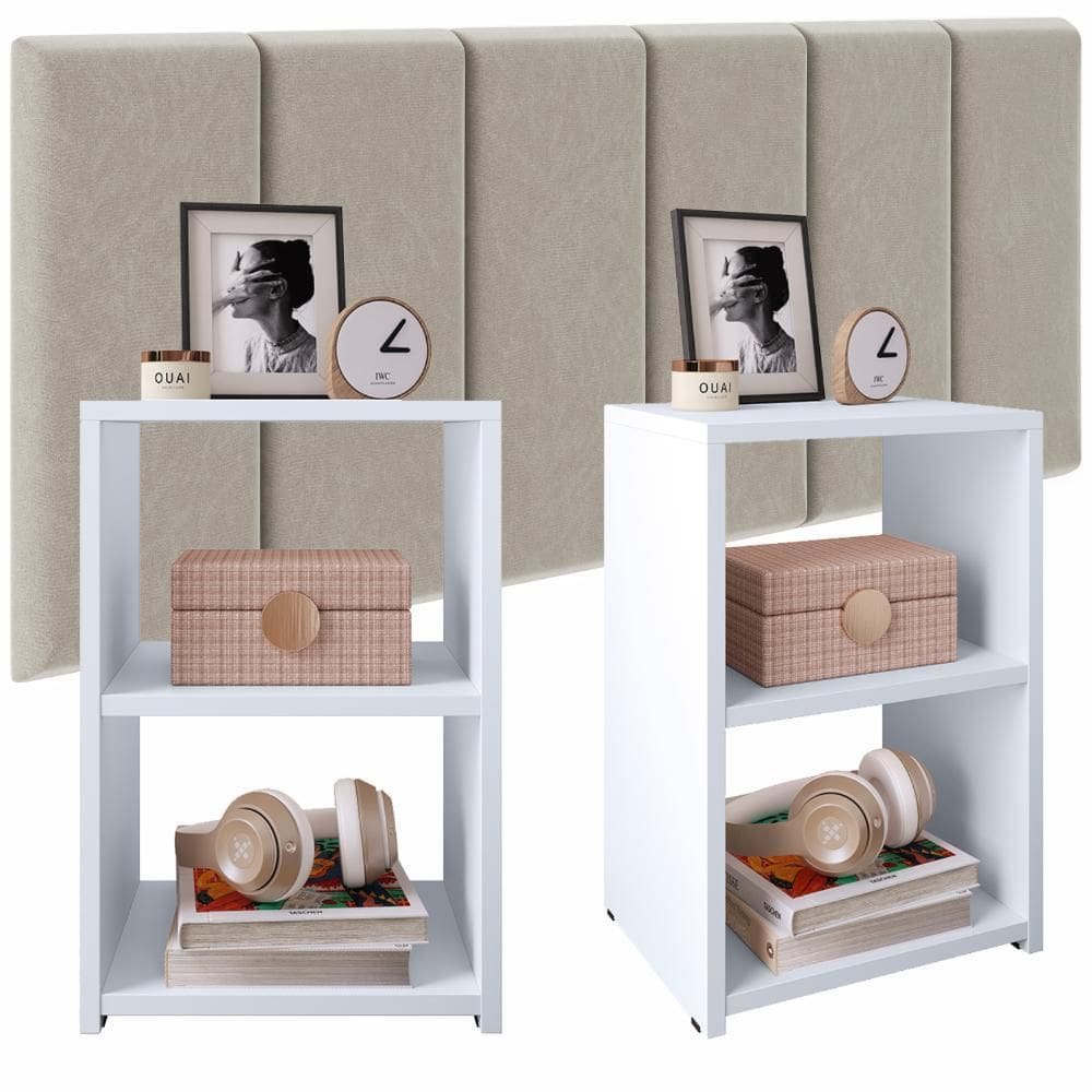Kit 2 Mesinhas Apoio Lateral Cama Box Bella Cabeceira Júlia 1,95 King Size Estofada Decoração Quarto