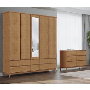 Conjunto Quarto: Guarda-Roupa 5 Portas 6 Gavetas Cômoda 6 Gavetas Prata Freijó Madeira Pinus - Finestra